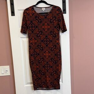 LuLaRoe Geometric Orange and Navy Midi Dress